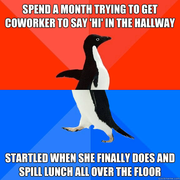 Spend a month trying to get coworker to say 'Hi' in the hallway Startled when she finally does and spill lunch all over the floor  Socially Awesome Awkward Penguin
