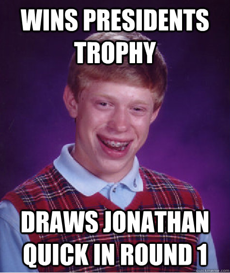 Wins Presidents trophy Draws Jonathan QUick in round 1  Bad Luck Brian