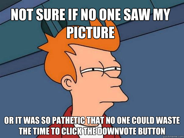 Not sure if no one saw my picture or it was so pathetic that no one could waste the time to click the downvote button  Futurama Fry