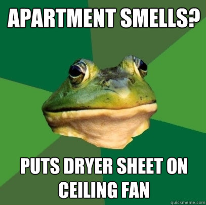 Apartment smells? puts dryer sheet on ceiling fan  Foul Bachelor Frog
