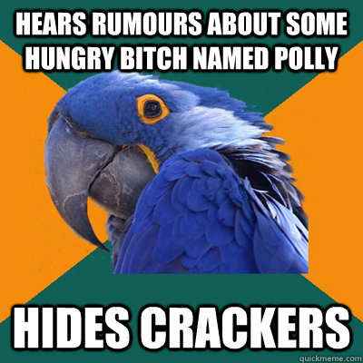 HEARS RUMOURS ABOUT SOME HUNGRY BITCH NAMED POLLY HIDES CRACKERS  Paranoid Parrot