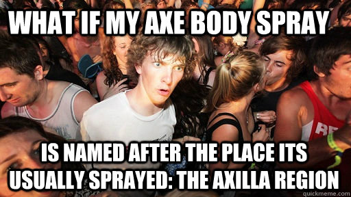 What If MY AXE BODY SPRAY   IS NAMED AFTER THE PLACE ITS USUALLY SPRAYED: THE AXILLA REGION  Sudden Clarity Clarence