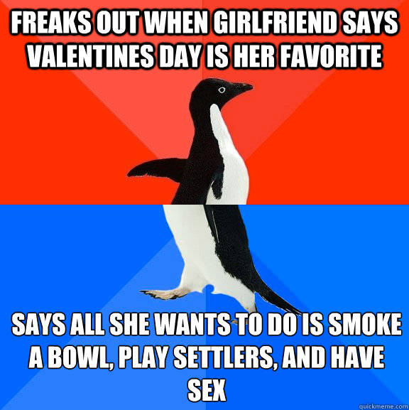 Freaks out when girlfriend says Valentines Day is her favorite says all she wants to do is smoke a bowl, play settlers, and have sex  Socially Awesome Awkward Penguin