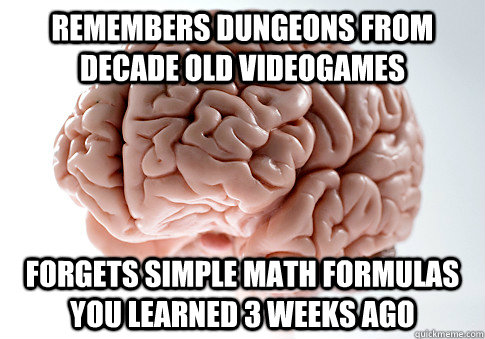 Remembers dungeons from decade old videogames forgets simple math formulas you learned 3 weeks ago  Scumbag Brain
