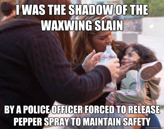 I was the shadow of the waxwing slain by a police officer forced to release pepper spray to maintain safety
  Forced to release pepper spray