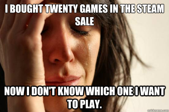 I bought twenty games in the steam sale now i don't know which one i want to play.  First World Problems