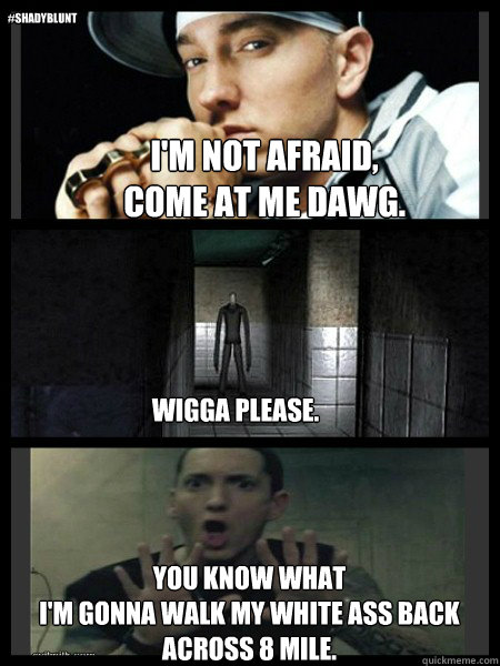 I'm not afraid,
come at me dawg. You know what
i'm gonna walk my white ass back across 8 Mile. wigga please. #Shadyblunt  Eminem - Im not afraid