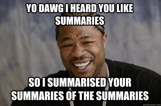 Yo DAWg i heard you like summaries so I summarised your summaries of the summaries - Yo DAWg i heard you like summaries so I summarised your summaries of the summaries  Xzibit meme