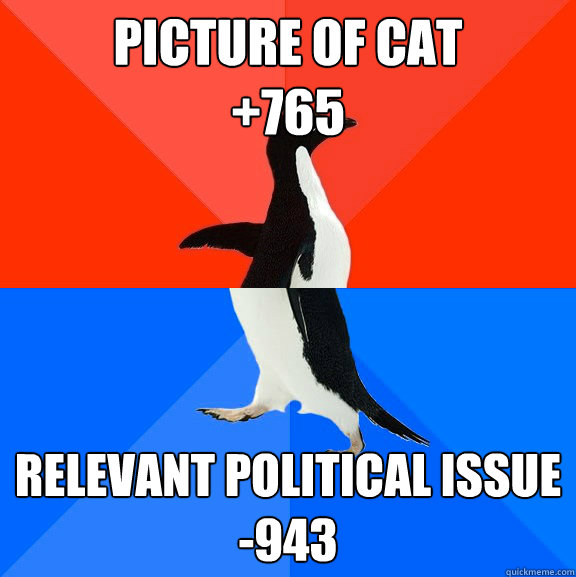 Picture of cat
+765 relevant political issue
-943  Socially Awesome Awkward Penguin