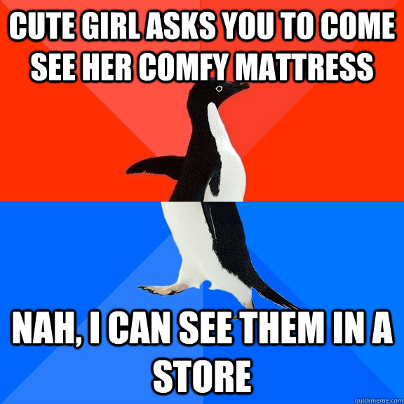 Cute girl asks you to come see her comfy mattress nah, i can see them in a store  Socially Awesome Awkward Penguin
