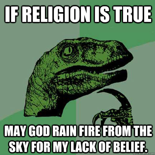 If religion is true may God rain fire from the sky for my lack of belief.  Philosoraptor