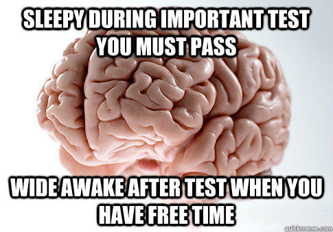 Sleepy during important test you must pass  wide awake after test when you have free time  Scumbag Brain