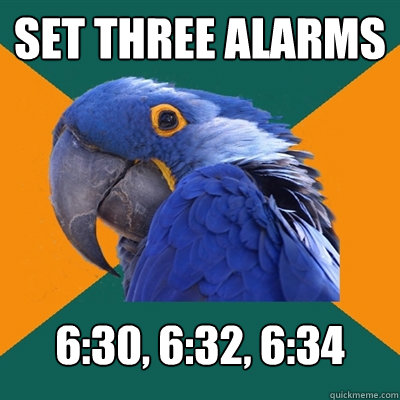 SET THREE ALARMs 6:30, 6:32, 6:34  Paranoid Parrot