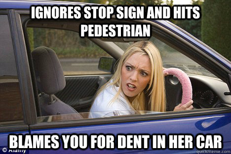 ignores stop sign and hits pedestrian blames you for dent in her car  Female Driver