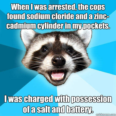 When I was arrested, the cops found sodium cloride and a zinc-cadmium cylinder in my pockets. I was charged with possession of a salt and battery.  Lame Pun Coon