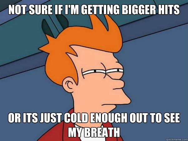 Not sure if i'm getting bigger hits or its just cold enough out to see my breath  Not sure Fry