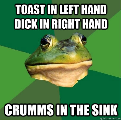 Toast in left hand dick in right hand crumms in the sink  Foul Bachelor Frog