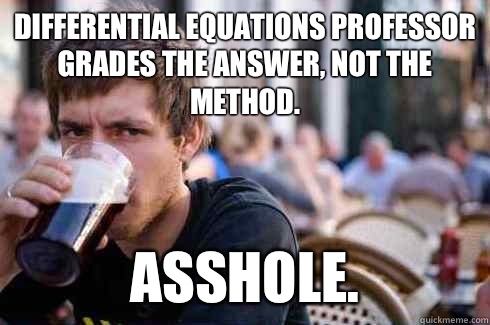 Differential Equations professor grades the answer, not the method. Asshole.  Lazy College Senior