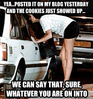 Yea...posted it on my blog yesterday and the cookies just showed up... We can say that, sure, whatever you are on into  Karma Whore