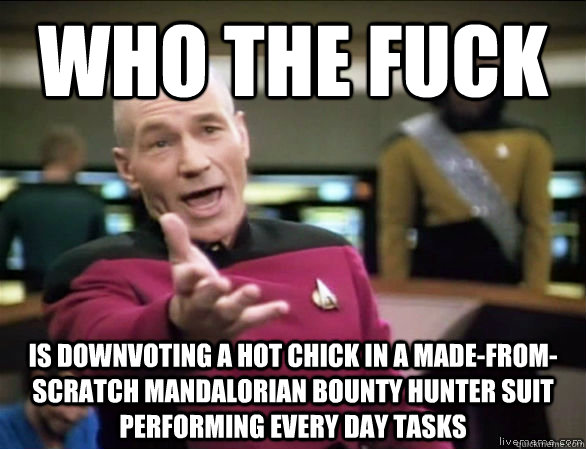 who the fuck is downvoting a hot chick in a made-from-scratch mandalorian bounty hunter suit performing every day tasks - who the fuck is downvoting a hot chick in a made-from-scratch mandalorian bounty hunter suit performing every day tasks  Annoyed Picard HD