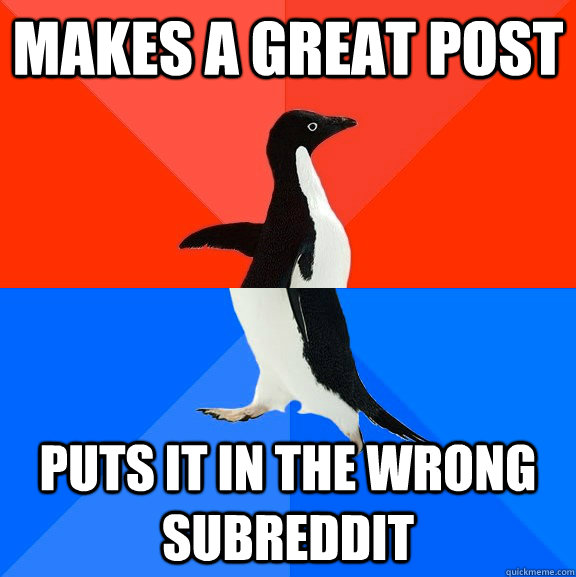 makes a great post puts it in the wrong subreddit - makes a great post puts it in the wrong subreddit  Socially Awesome Awkward Penguin
