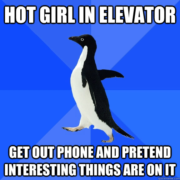 Hot girl in elevator Get out phone and pretend interesting things are on it  Socially Awkward Penguin