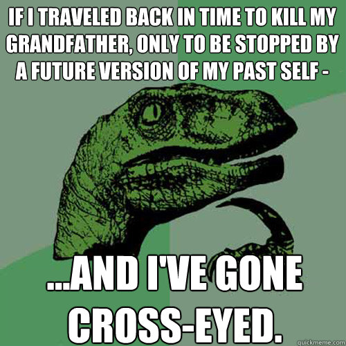 If I traveled back in time to kill my grandfather, only to be stopped by a future version of my past self - ...and i've gone cross-eyed.  Philosoraptor