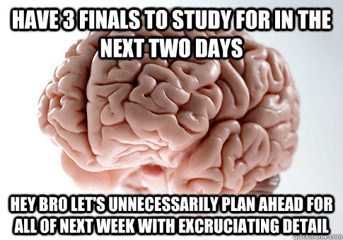 Have 3 finals to study for in the next two days hey bro let's unnecessarily plan ahead for  all of next week with excruciating detail  - Have 3 finals to study for in the next two days hey bro let's unnecessarily plan ahead for  all of next week with excruciating detail   Scumbag Brain