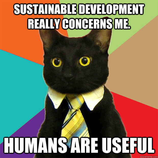 Sustainable development really concerns me. Humans are useful  Business Cat