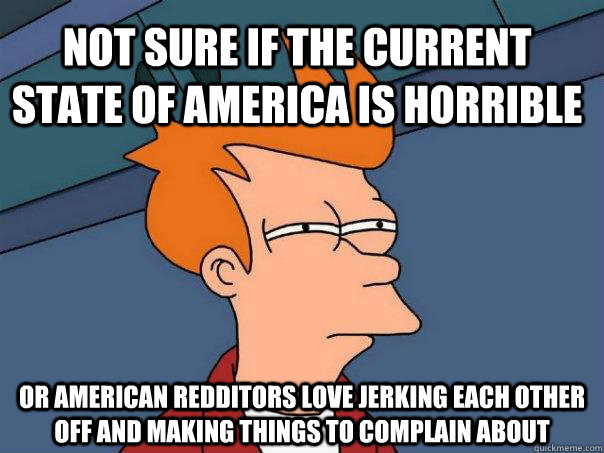 not sure if the current state of america is horrible or american redditors love jerking each other off and making things to complain about  Futurama Fry