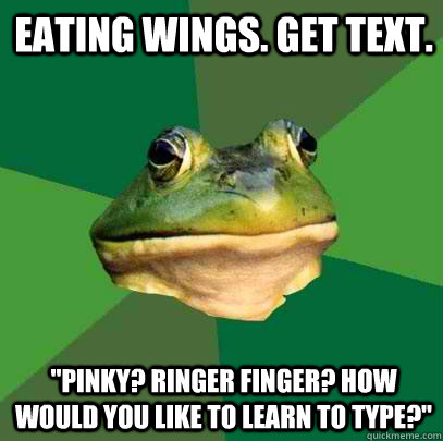 Eating wings. get text. 