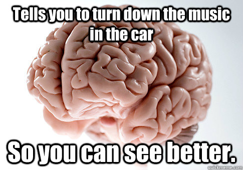 Tells you to turn down the music in the car So you can see better.   Scumbag Brain