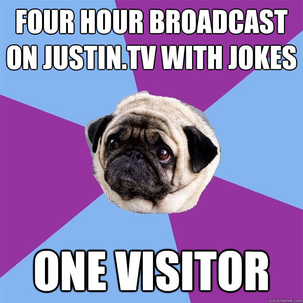 Four hour broadcast on justin.tv with jokes one visitor  Lonely Pug