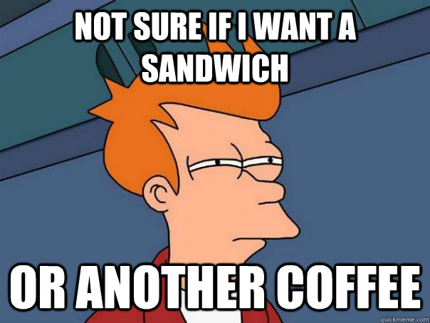 Not sure if i want a sandwich or another coffee  Futurama Fry