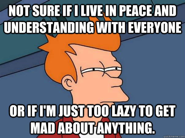 Not sure if I live in peace and understanding with everyone or if i'm just too lazy to get mad about anything.  Futurama Fry