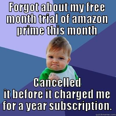 FORGOT ABOUT MY FREE MONTH TRIAL OF AMAZON PRIME THIS MONTH CANCELLED IT BEFORE IT CHARGED ME FOR A YEAR SUBSCRIPTION. Success Kid