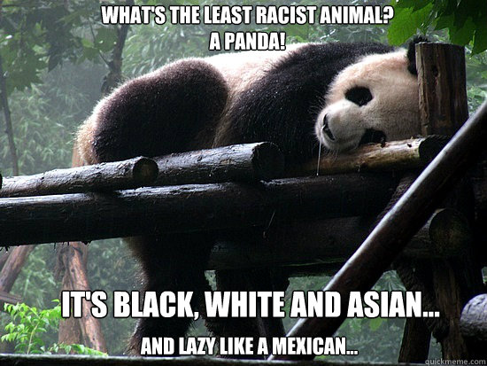 What's the least racist animal?
A PANDA! IT'S BLACK, WHITE AND ASIAN...
 AND LAZY LIKE A MEXICAN... - What's the least racist animal?
A PANDA! IT'S BLACK, WHITE AND ASIAN...
 AND LAZY LIKE A MEXICAN...  Lazy Panda