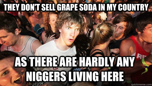 They don't sell grape soda in my country as there are hardly any niggers living here   Sudden Clarity Clarence