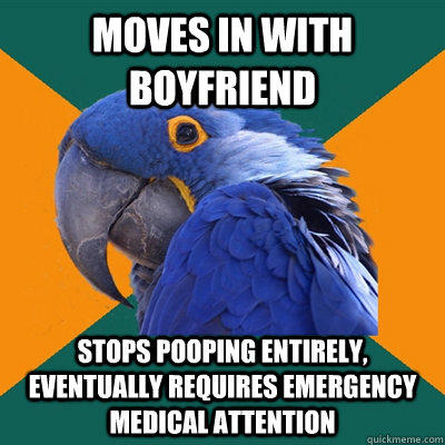 Moves in with boyfriend Stops pooping entirely, eventually requires emergency medical attention  Paranoid Parrot