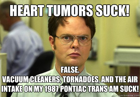 Heart tumors suck! False.
vacuum cleaners, tornadoes, and the air intake on my 1987 Pontiac Trans Am suck!   Schrute
