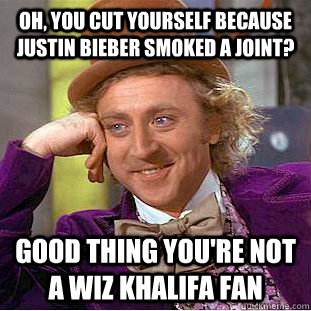 Oh, you cut yourself because justin bieber smoked a joint? good thing you're not a wiz khalifa fan  Creepy Wonka