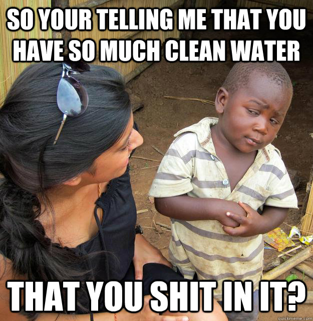 So your telling me that you have so much clean water that you shit in it?  Skeptical Third World Kid