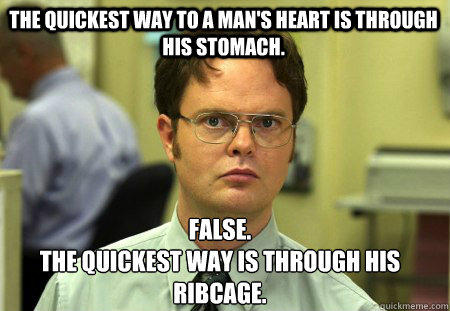 The quickest way to a Man's heart is through his stomach. False.
The quickest way is through his ribcage. - The quickest way to a Man's heart is through his stomach. False.
The quickest way is through his ribcage.  Schrute