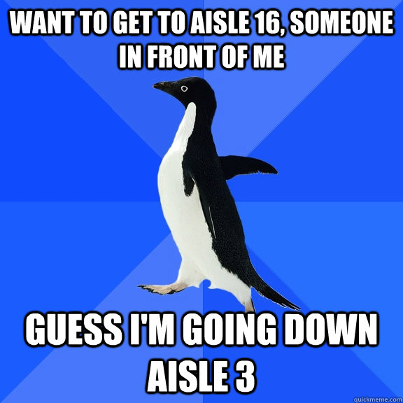 Want to get to aisle 16, someone in front of me guess i'm going down aisle 3  Socially Awkward Penguin
