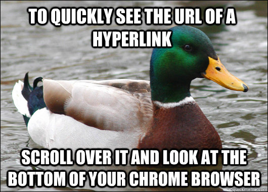 To quickly see the URL of a hyperlink Scroll over it and look at the bottom of your chrome browser  Actual Advice Mallard