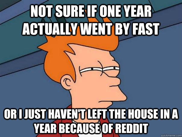 Not sure if one year actually went by fast or i just haven't left the house in a year because of reddit  Futurama Fry