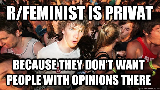 r/Feminist is Privat Because they don't want people with opinions there   Sudden Clarity Clarence