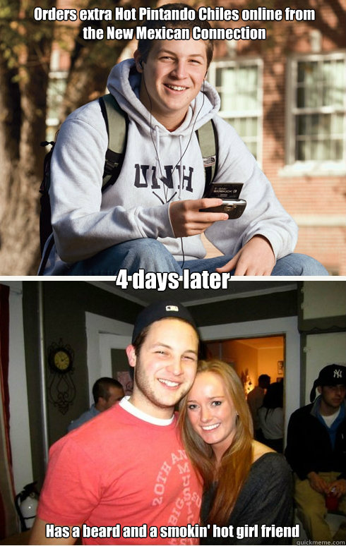 Orders extra Hot Pintando Chiles online from 
the New Mexican Connection
 4 days later Has a beard and a smokin' hot girl friend  1 month later