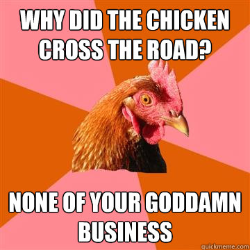 Why did the chicken cross the road? none of your goddamn business  Anti-Joke Chicken