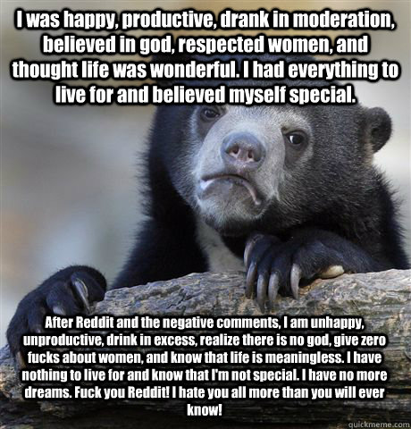I was happy, productive, drank in moderation, believed in god, respected women, and thought life was wonderful. I had everything to live for and believed myself special. After Reddit and the negative comments, I am unhappy, unproductive, drink in excess,   Confession Bear